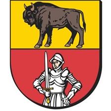 Geteiltes Wappenschild: oben ein schwarzer Wisent auf gelbem Grund, unten ein Ritter mit Schwert auf rotem Grund.