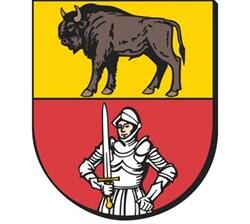 Geteiltes Wappenschild: oben ein schwarzer Wisent auf gelbem Grund, unten ein Ritter mit Schwert auf rotem Grund.