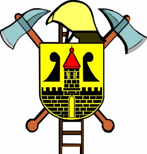 Historisches Feuerwehrwappen mit Leitern, gekreuzten Äxten und einem Schild mit Stadtturm auf hellem Hintergrund